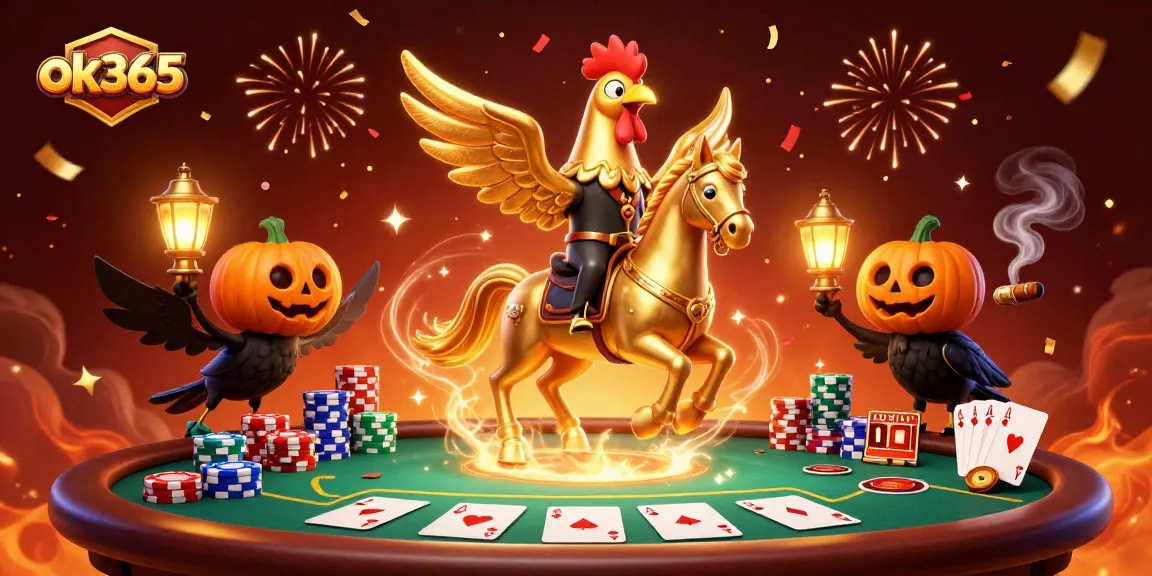 Experience excitement at ok365 with a headless horseman, poker chips, and golden lanterns in a casino.