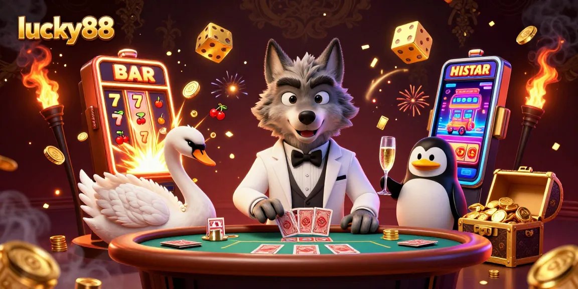 Experience exciting wins at lucky88 with this vibrant casino scene featuring animated characters and jackpot elements.