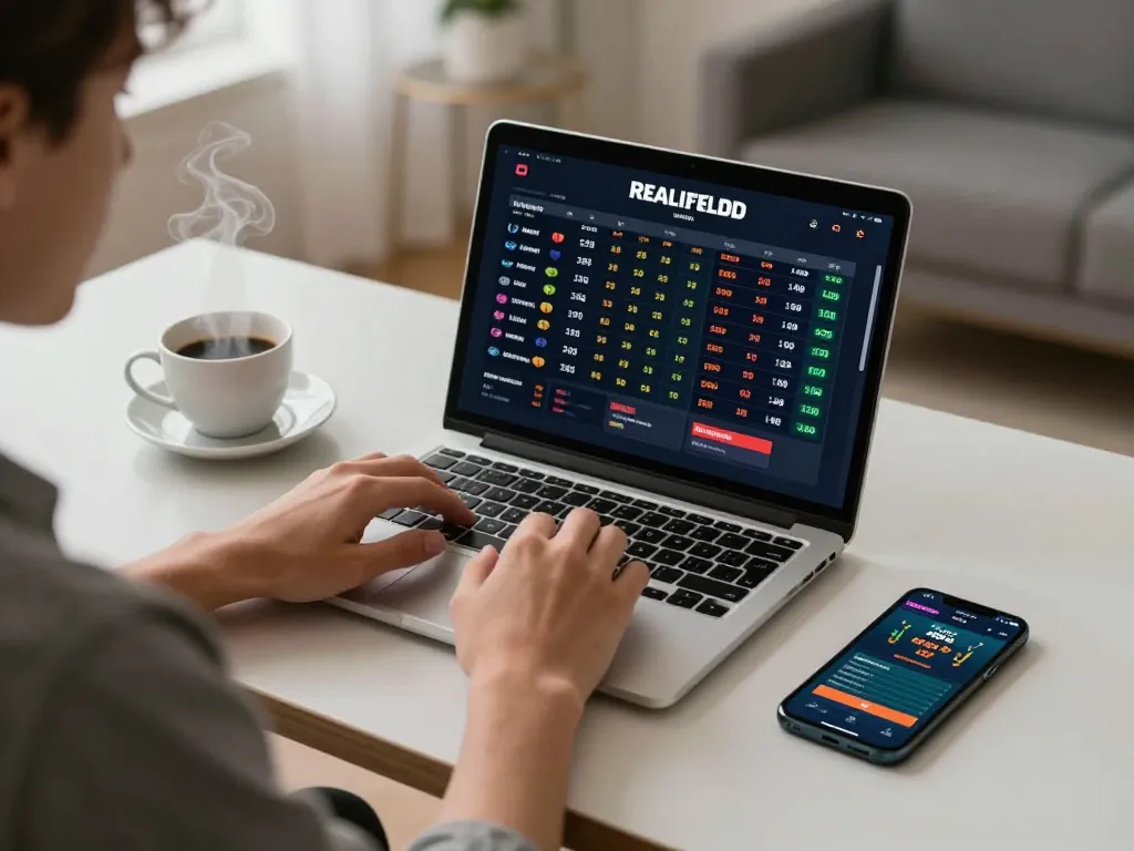 Engaged bettor analyzing live odds on OK9's sports betting platform at home.