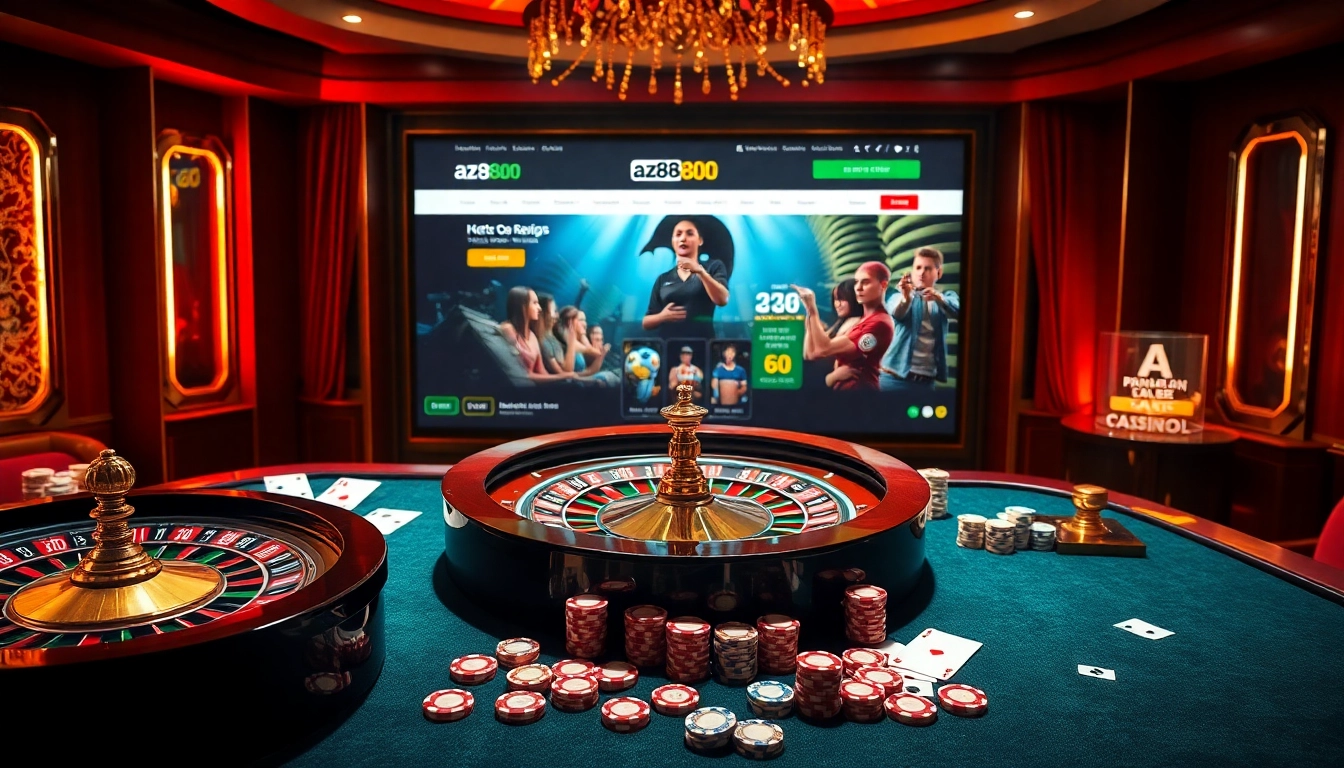 Experience thrilling bets at AZ888 with a luxurious casino scene featuring cards and chips.