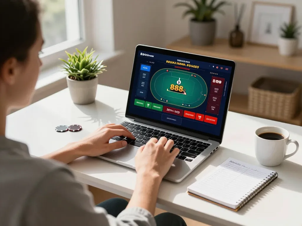 Player engaging in online poker on 888vnd, showcasing strategy notes and a laptop screen.