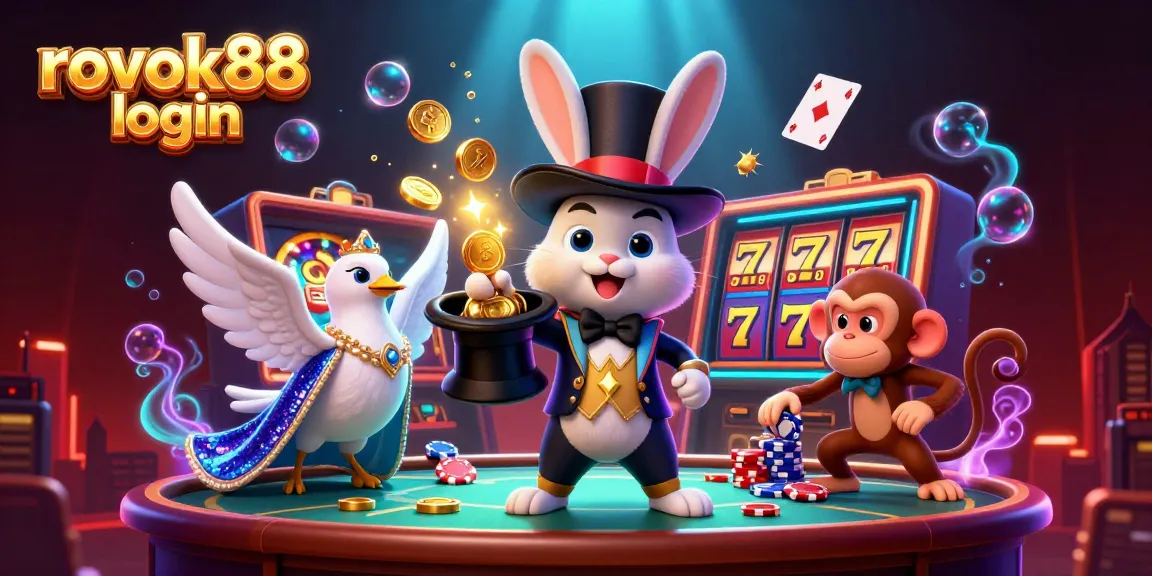 Experience the thrill of rokok88 login with animated characters amidst vibrant casino scenes filled with coins and poker chips.