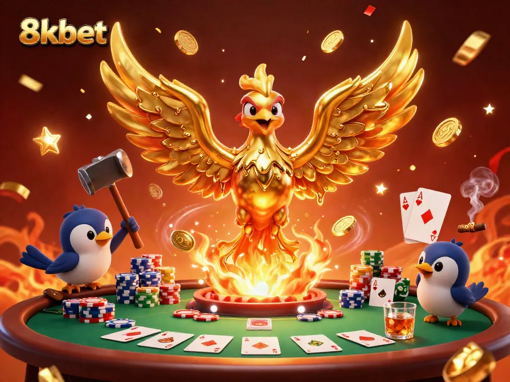 Experience thrilling gameplay at 8xbet with colorful poker tables and animated golden phoenix