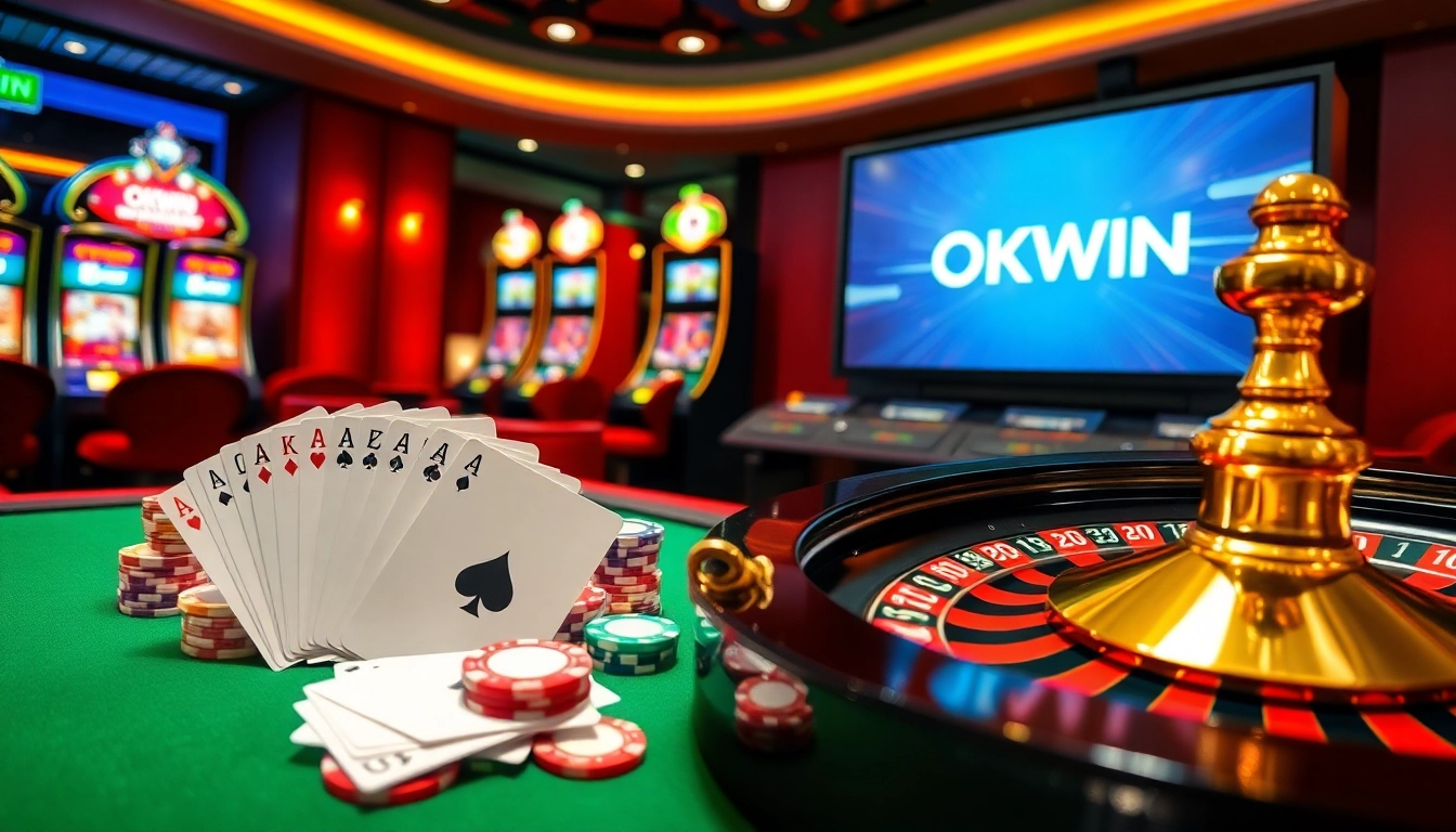 Exciting casino scene showcasing OKWIN platform elements, including betting chips and poker cards.