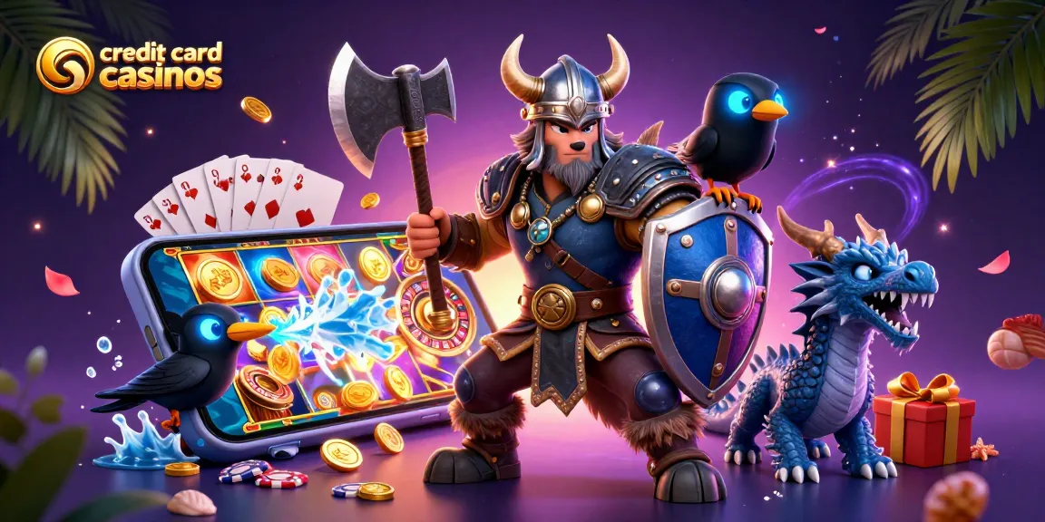 Play exciting games at credit card casinos featuring slot reels, poker chips, and dynamic characters.