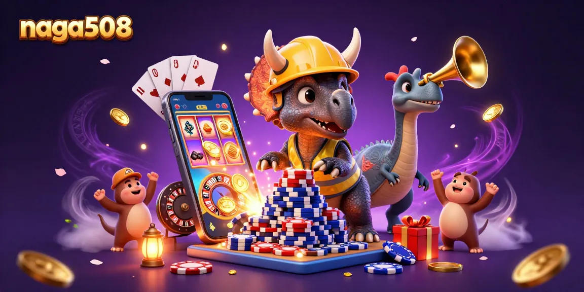 Naga508 offers a vibrant gaming scene with colorful slot games, poker chips, and exciting casino elements.