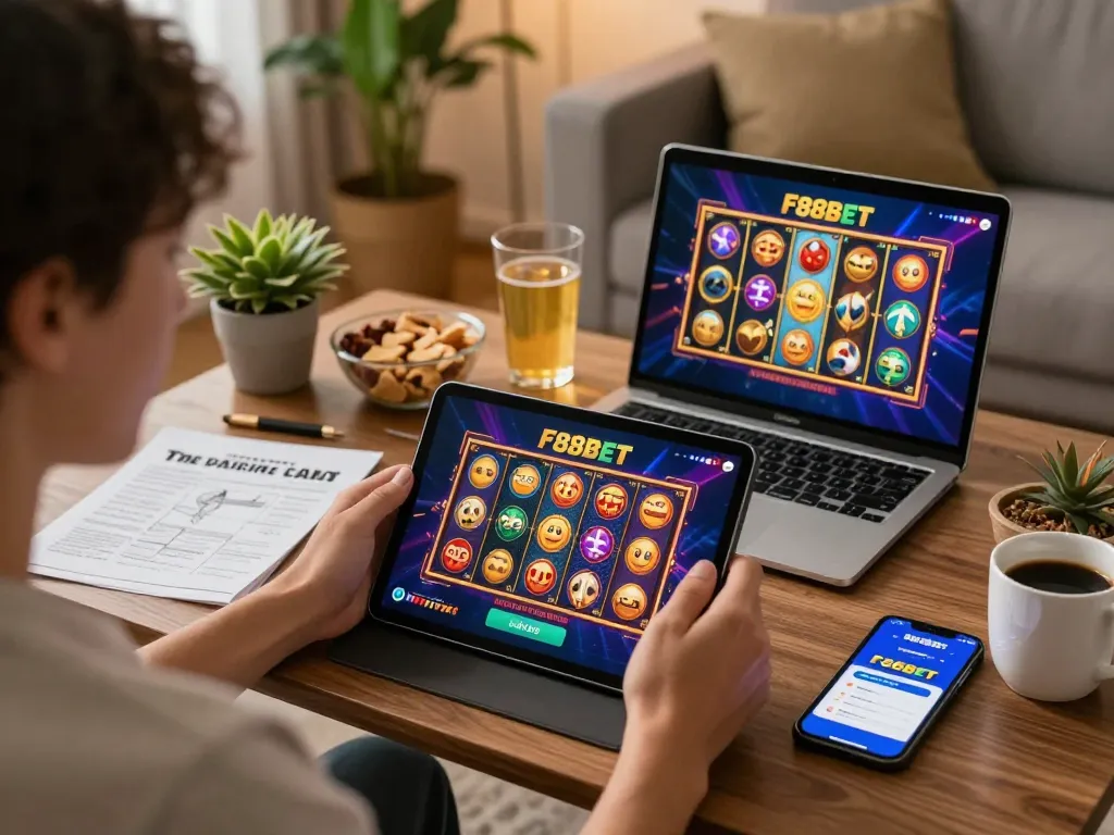 Person engaging with F88BET online slots on a tablet in a cozy living room setting.