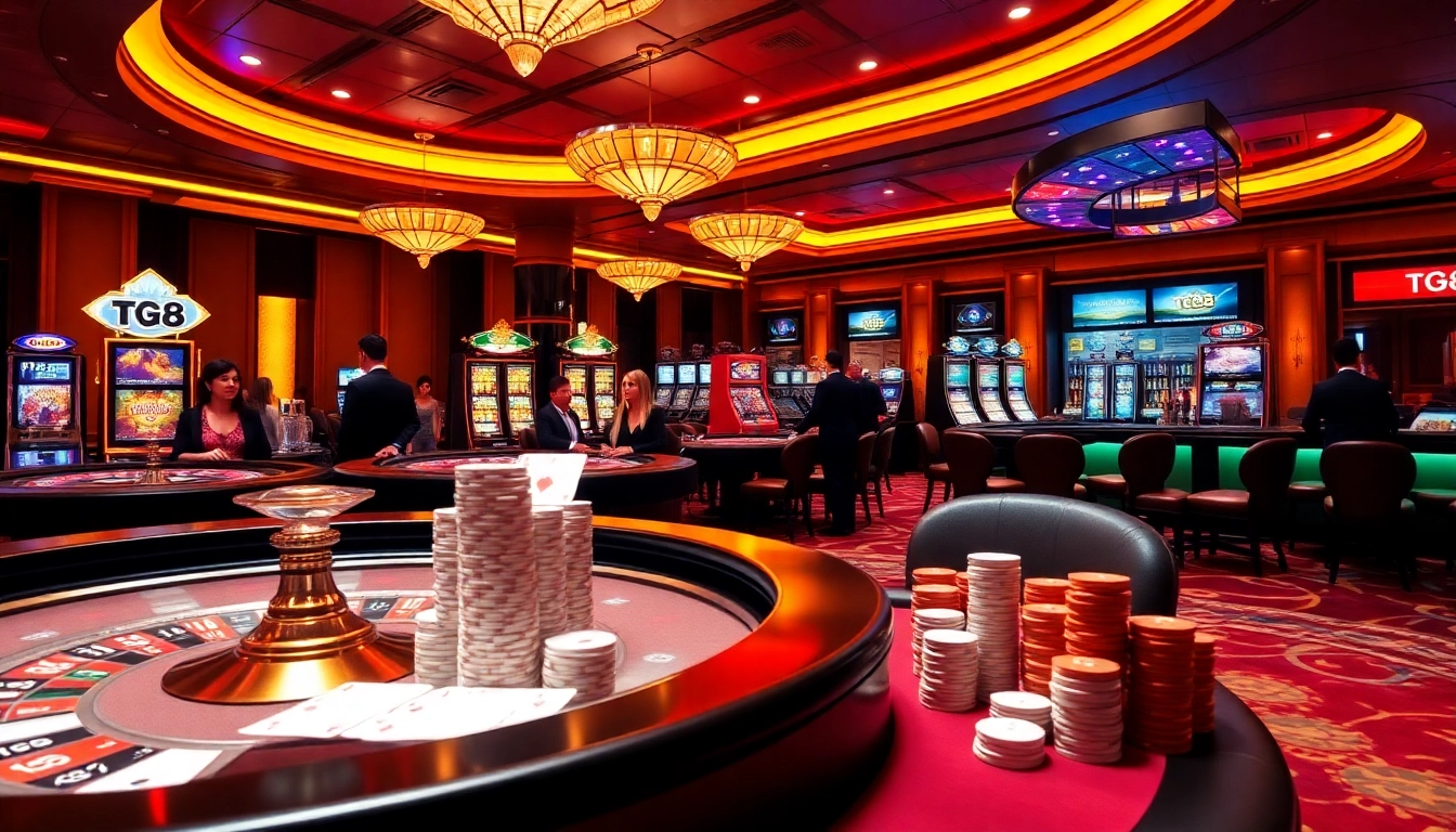 Players enjoying thrilling casino games at TG88, surrounded by slot machines and a roulette table.