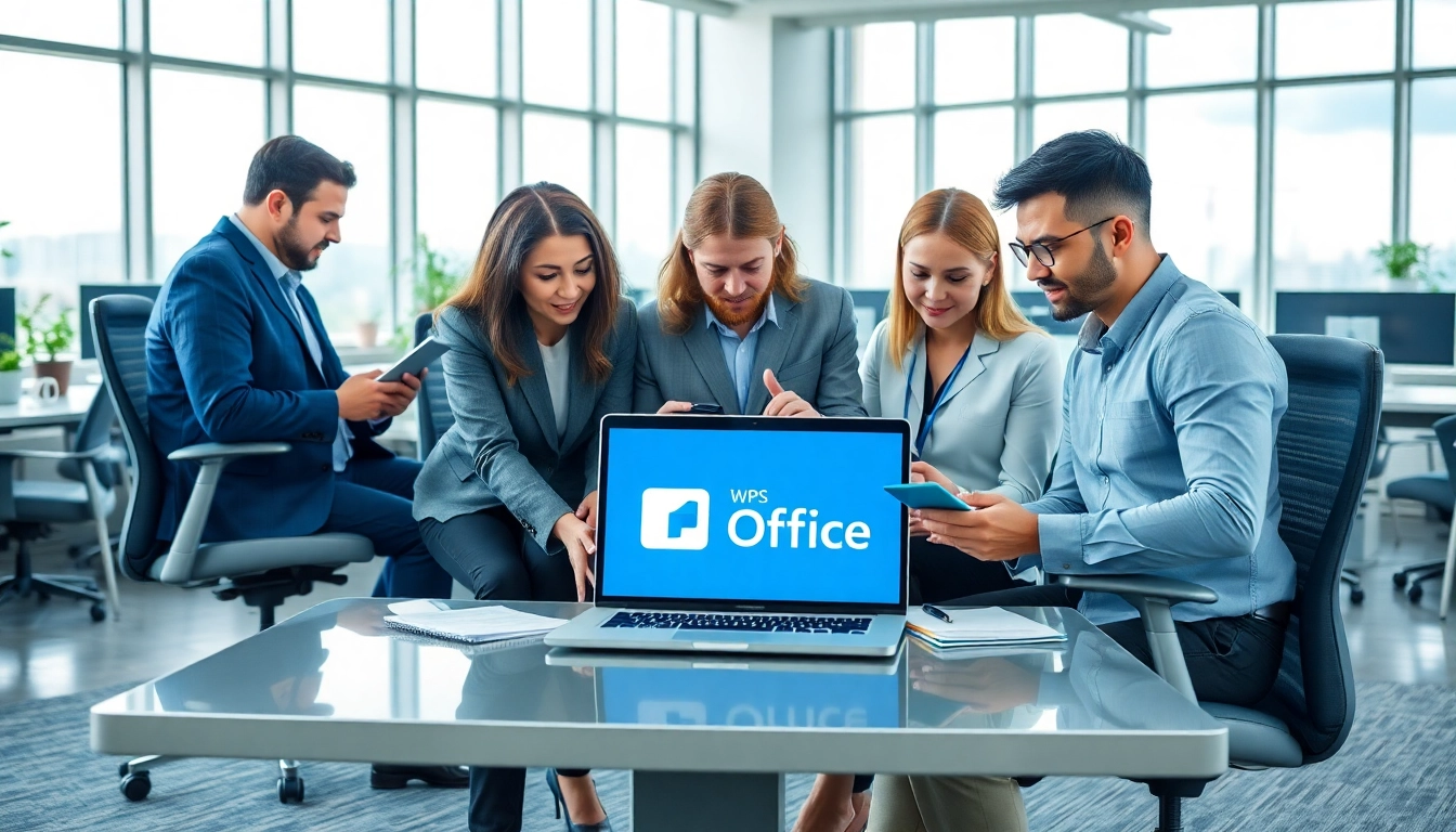 专业人士在现代办公室中使用WPS Office，展示协作与生产力。