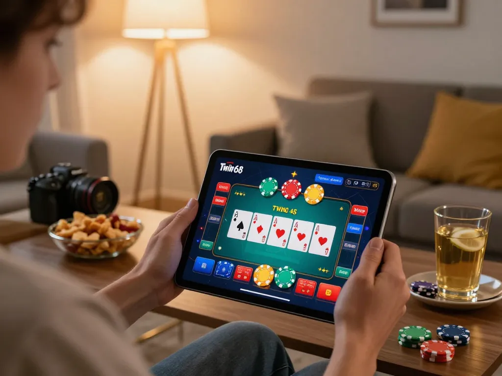 Twin68 player enjoying online casino gaming in a cozy home setting with engaging poker interface.