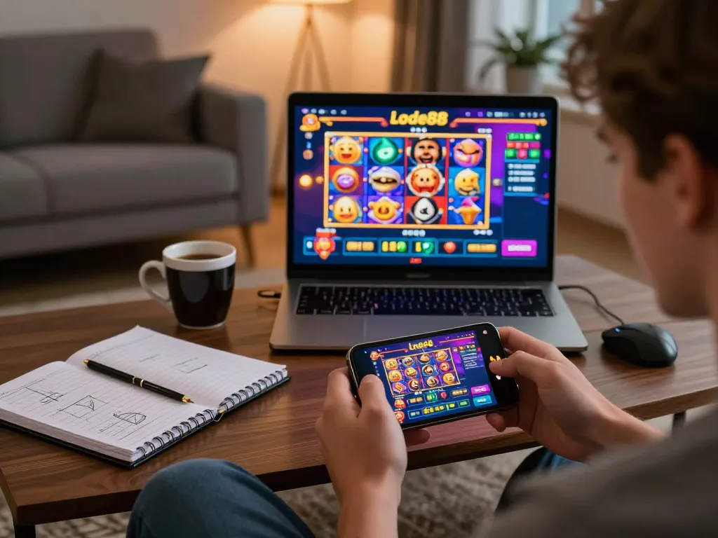 Engaged player experiencing Lode88 mobile casino gaming on a cozy sofa, enhancing the home entertainment vibe.