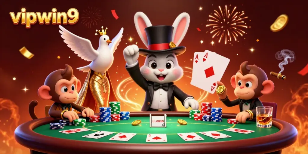 Engaging vipwin9 casino scene featuring a magician rabbit, dove, and monkey with poker elements.