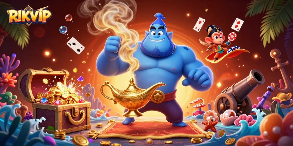 Experience RIKVIP's vibrant gaming world with a high-energy 3D illustration of casino fun under the sea.