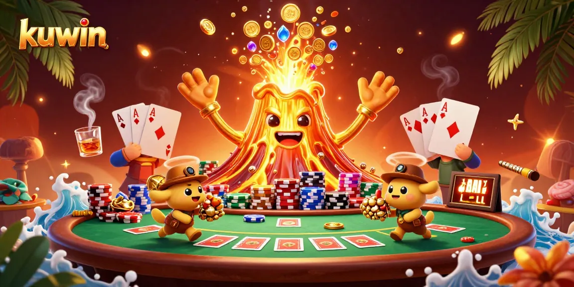 Kuwin players engage in thrilling casino action, surrounded by treasure and vibrant casino elements.