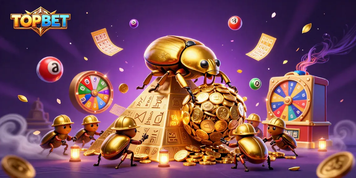 TOPBET showcases thrilling gaming with vibrant casino symbols and lottery elements.
