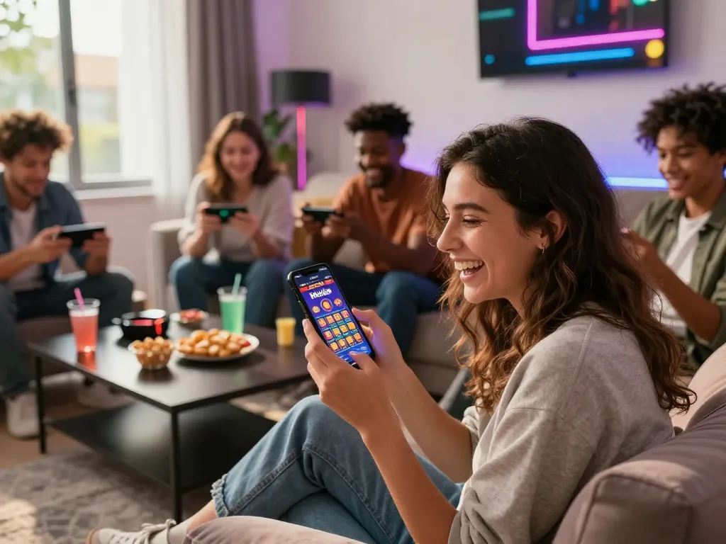 Friends enjoying online casino games with the Hitclub app, reflecting the excitement of tải hitclub in a vibrant living room.