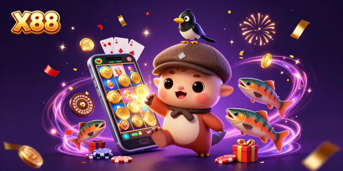 Win big at X88 with vibrant 3D characters and casino elements celebrating new games.