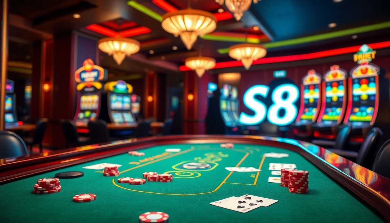 Experience high-stakes excitement at S8's blackjack table with vivid cards and chips.