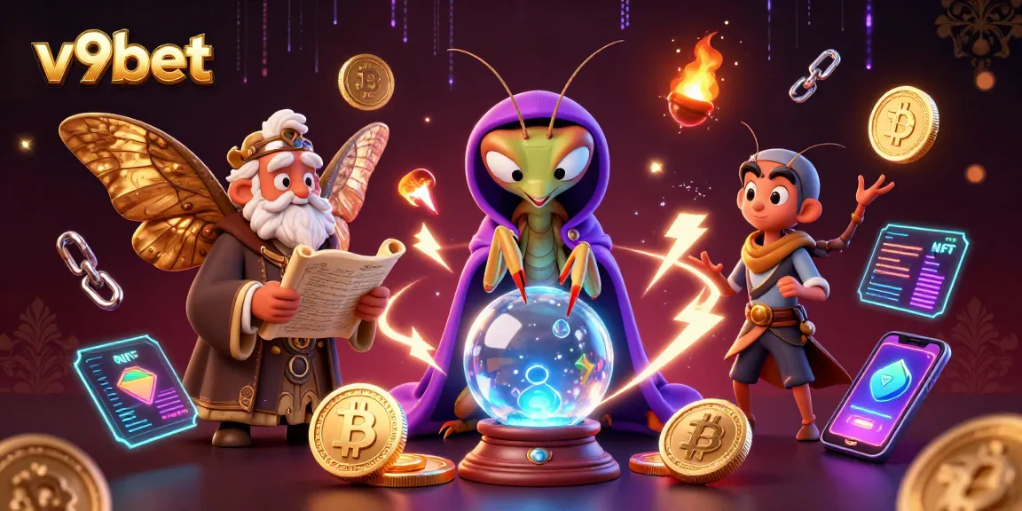 Win big with v9bet in this mesmerizing 3D scene featuring fortune tellers and cryptocurrency.