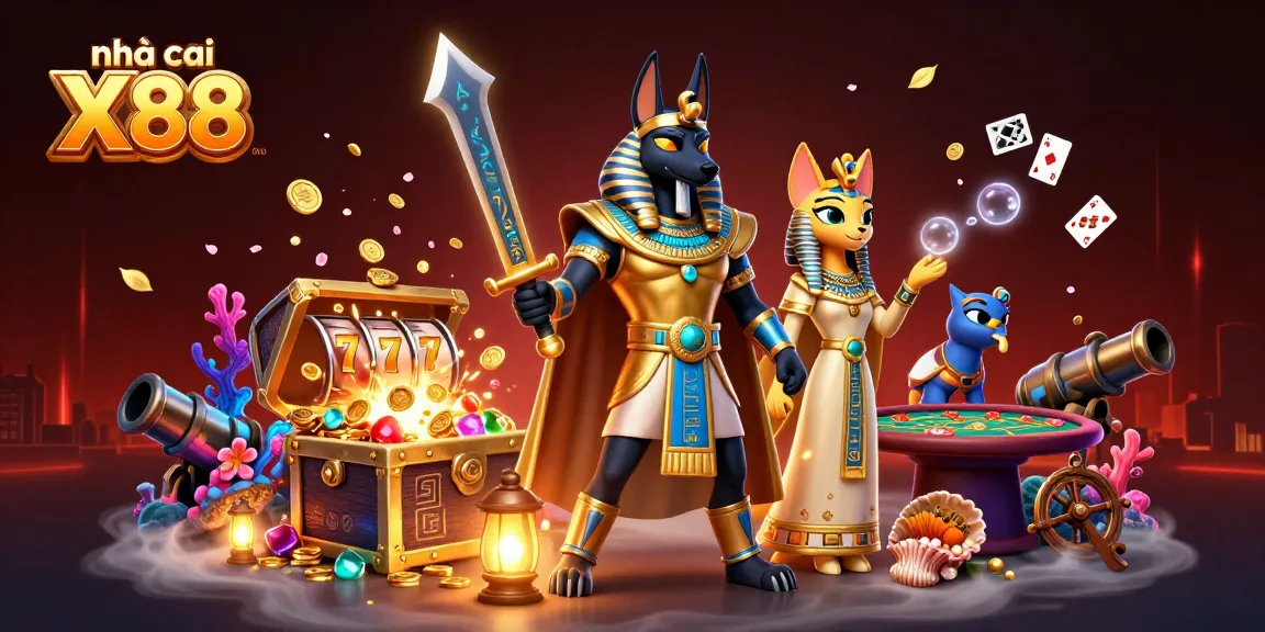 Experience dynamic online gaming with nhà cái X88 in this vibrant 3D illustration featuring ancient Egyptian-themed characters.