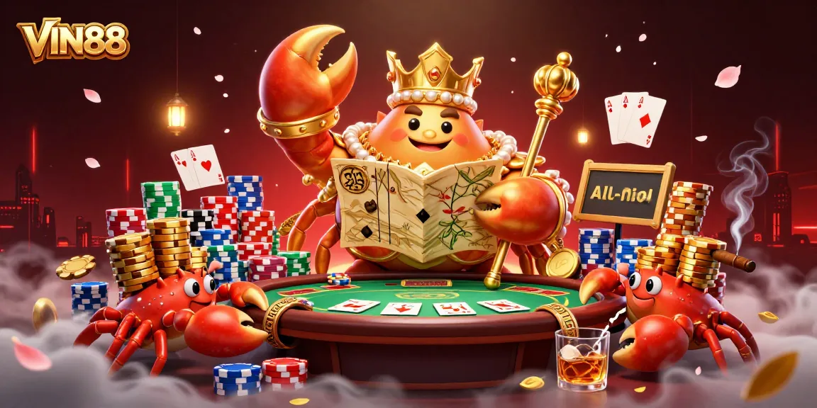 Engage with VIN88's thrilling casino atmosphere, featuring a royal crab and poker elements.
