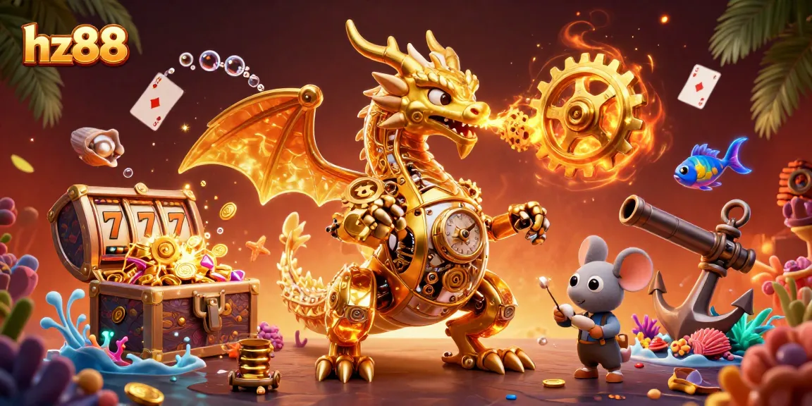 Experience excitement at hz88 with a magical dragon, floating slot reels, and treasure-filled underwater scenes.
