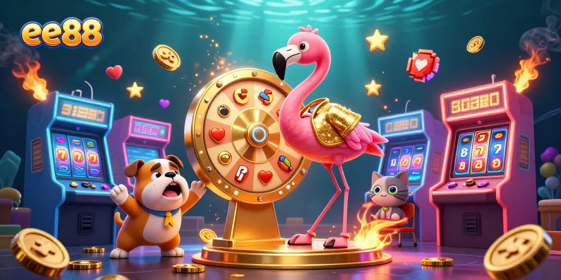 Exciting ee88 gaming scene with a flamingo host, bulldog contestant, and vibrant casino game elements.