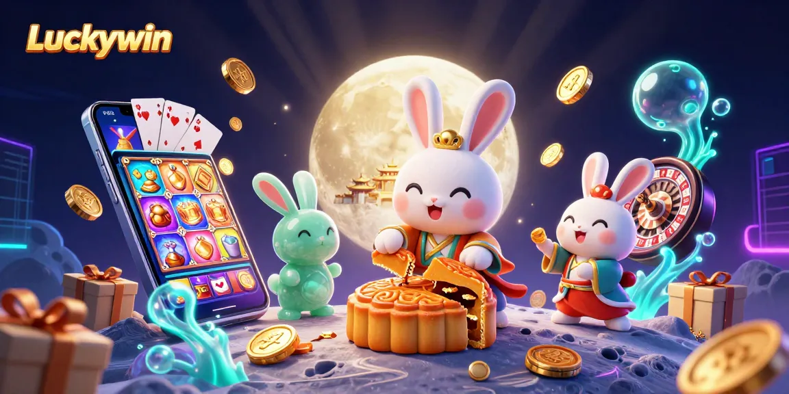 Experience the magic of Luckywin with a vibrant 3D scene showcasing traditional elements and casino excitement.