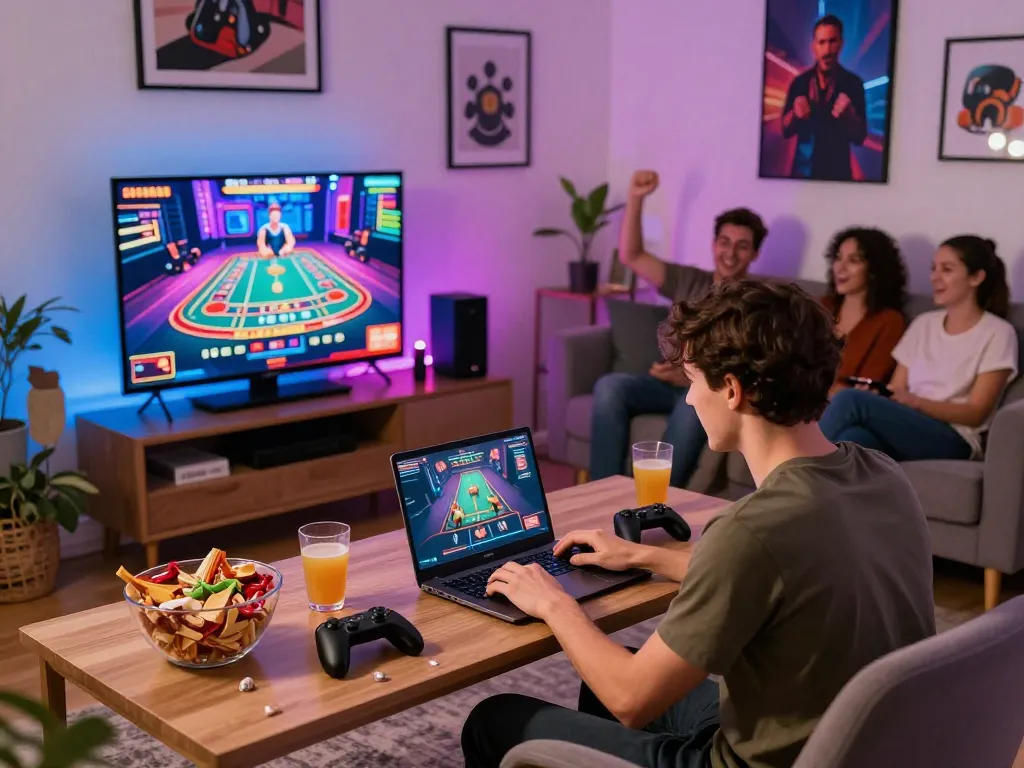 Online gaming experience with a player enjoying k88 live casino games in a vibrant living room.
