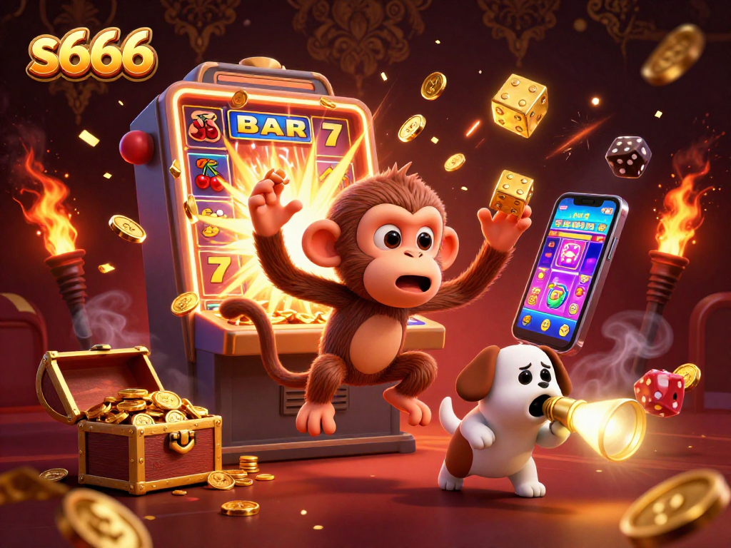 A mesmerizing scene at s666 casino with a poltergeist monkey juggling golden items, while a puppy tracks it with a flashlight.
