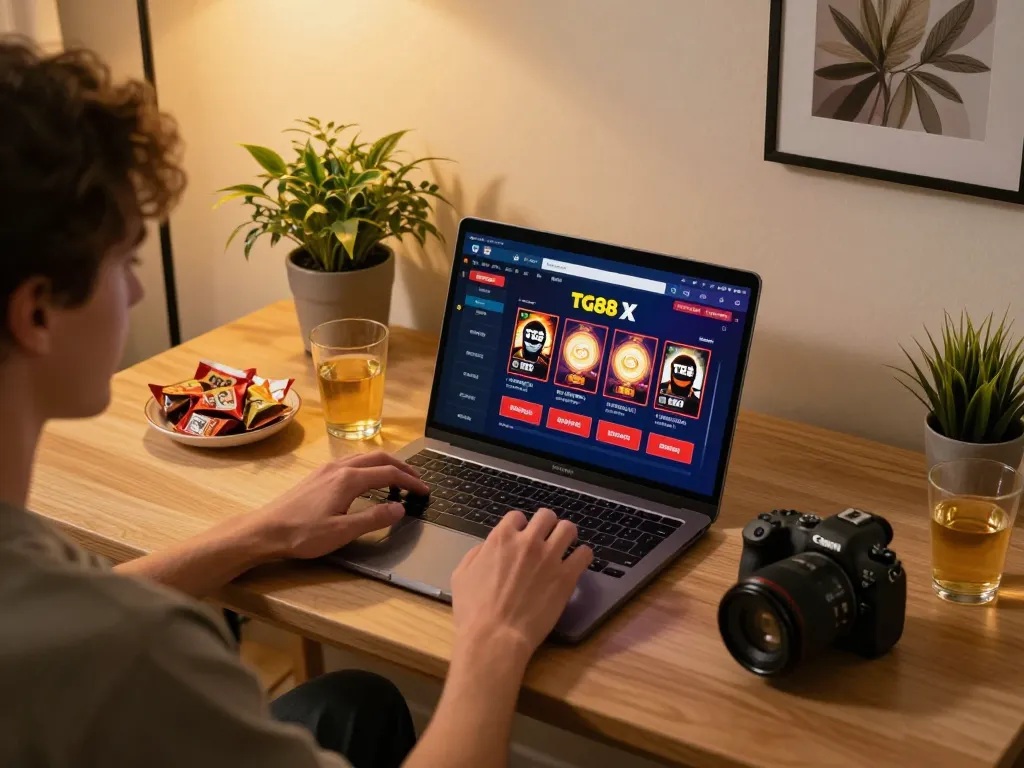 Person immersed in TG88 X online gaming experience from home, enjoying strategic gameplay with cozy ambiance.