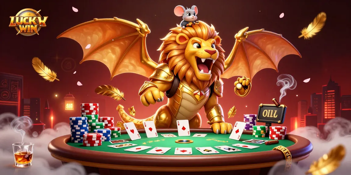 LUCKYWIN illuminates a vibrant scene with a chimera creature and poker elements showcasing thrilling casino action.