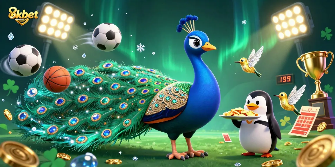 Engage with 8xbet's thrilling betting experience featuring a majestic peacock, dynamic sports elements, and dazzling details.