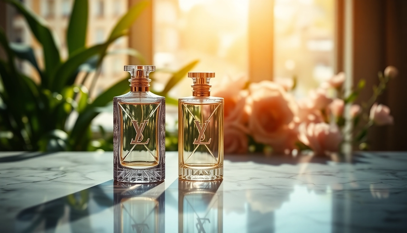 Showcasing the LV imagination fragrance bottle with lush greenery in the background.