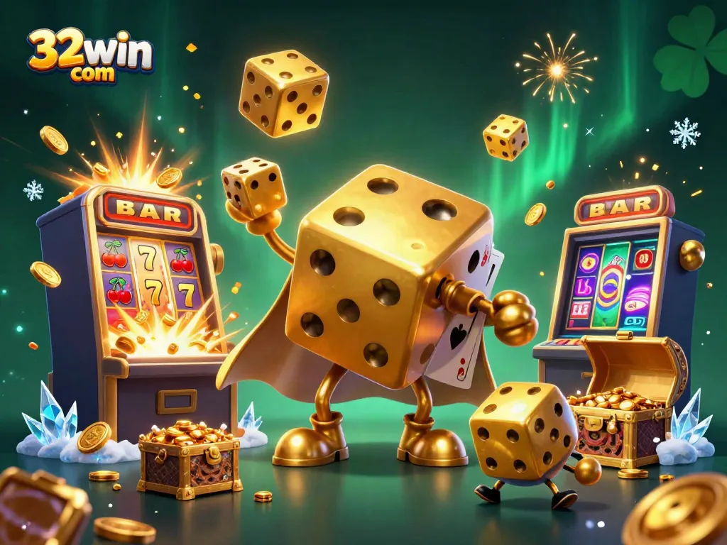 Engage with 32win com through a vibrant scene of a golden dice golem and casino elements, enhancing your gaming experience.