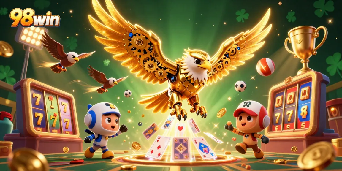 Experience thrilling jackpots at 98win with a vibrant 3D illustration of a golden eagle soaring through holographic cards.
