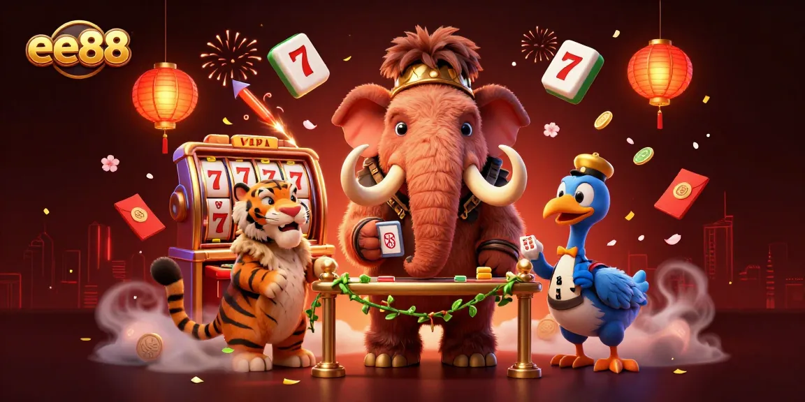 Experience the thrill of ee88 with a vibrant casino scene featuring a mammoth bouncer and a saber-tooth VIP.
