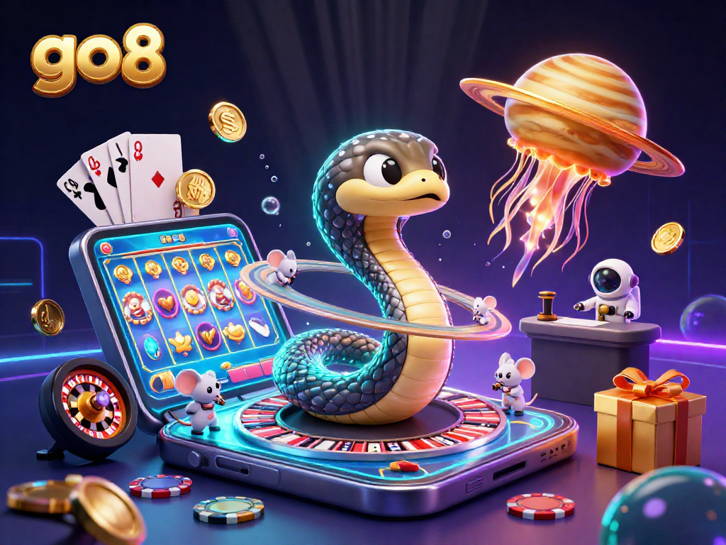 Bet on the cosmic roulette at go8 with a 3D Saturn snake and astronaut mice in a vibrant casino scene.