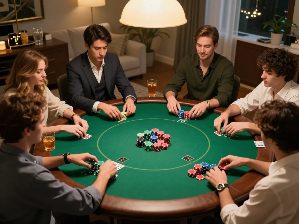 Players enjoying a poker game with chips and cards while using win68's online platform for convenience.