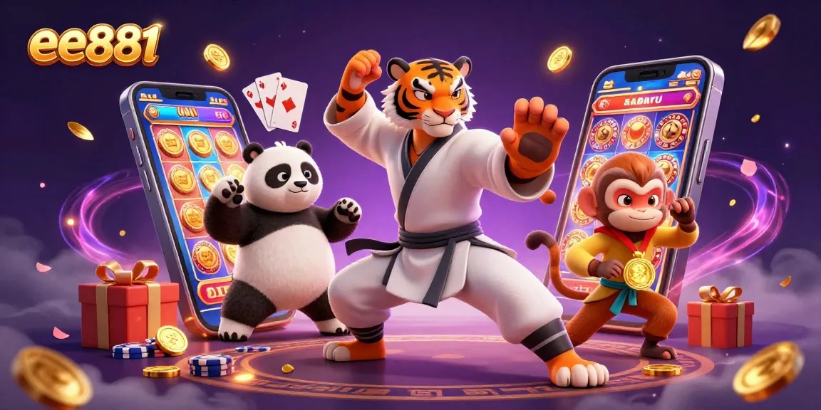 Experience thrilling wins with ee881's vibrant slot game madness, featuring dynamic casino characters.