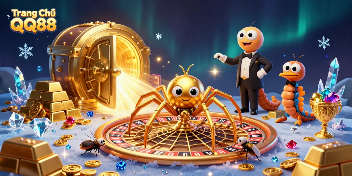 Engage with the thrilling world of Trang Chủ QQ88 featuring a dynamic roulette wheel scene with gaming elements.