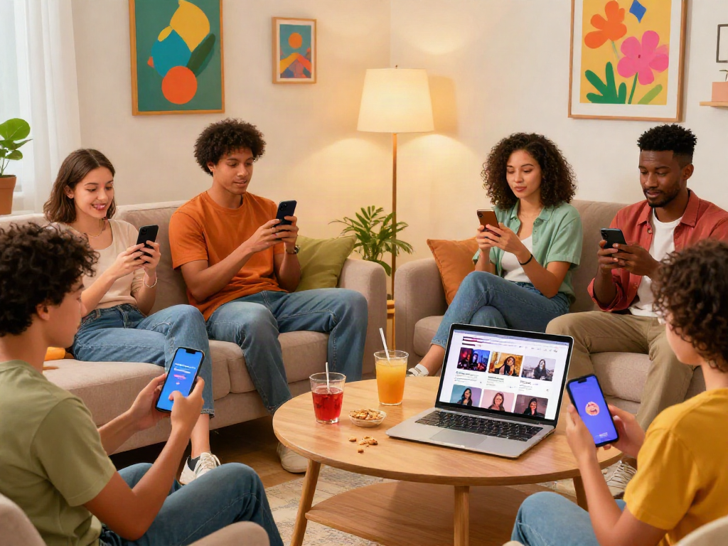 Engaging NSFW digital platform scene with diverse individuals exploring content in a cozy living room.