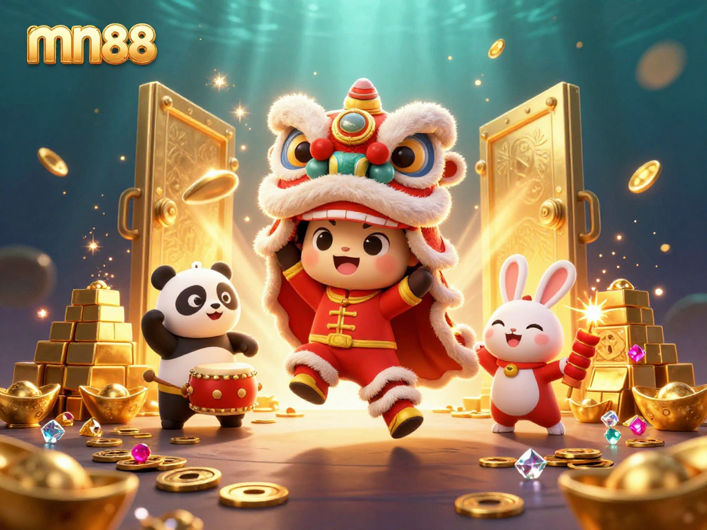 Experience thrilling gameplay at mn88 with a festive 3D casino scene featuring lucky symbols and characters.