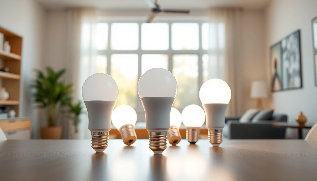 Showcase of LED A19 lights on a modern desk highlighting their design and brightness.