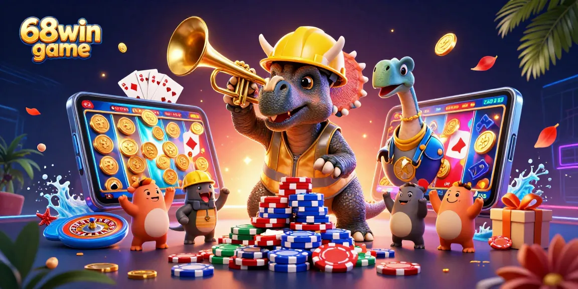 Engaging 68win game illustration featuring casino elements with dynamic characters and vibrant colors.