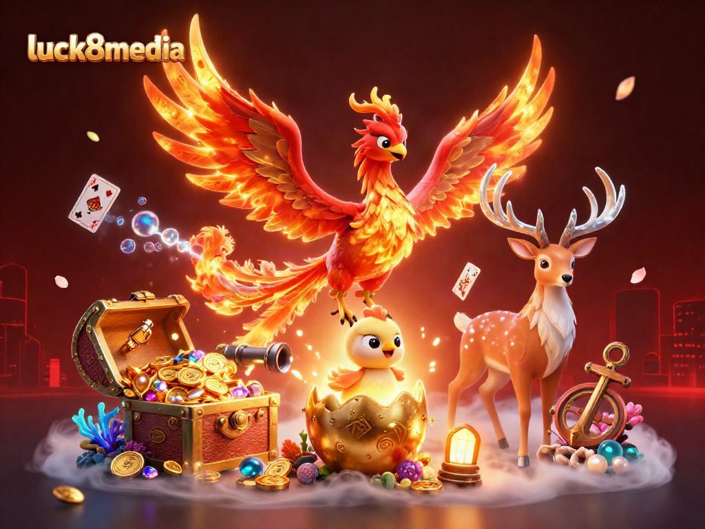 Experience luck8media's vibrant 3D casino adventure featuring a phoenix, golden treasures, and magical elements.