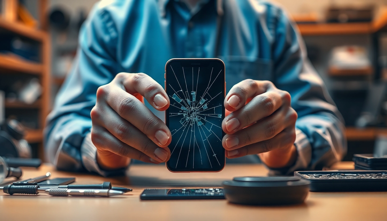 Assessing Damaged Phone Cash from a cracked smartphone in a repair workshop.