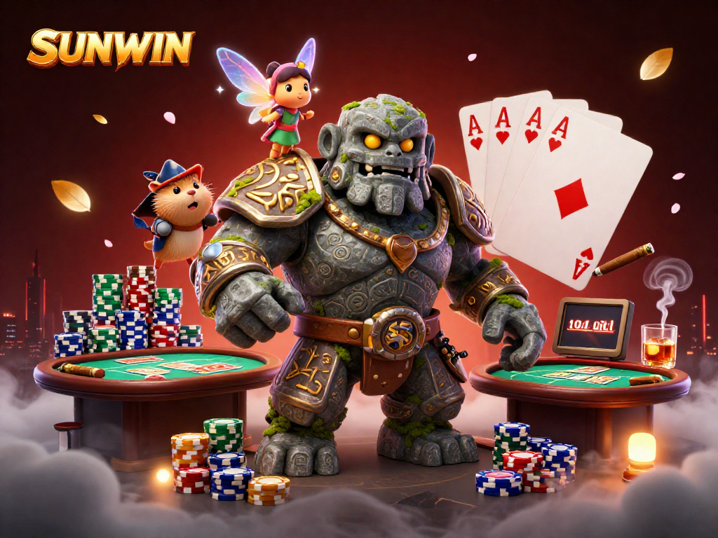 SUNWIN casino scene featuring a golem guardian, fairy, and hamster knight in a vibrant poker setting.