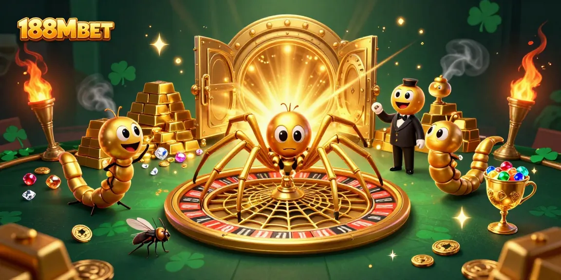 Exciting engagement at 188M BET with a golden spider creating a roulette web, thrilling bets being placed.