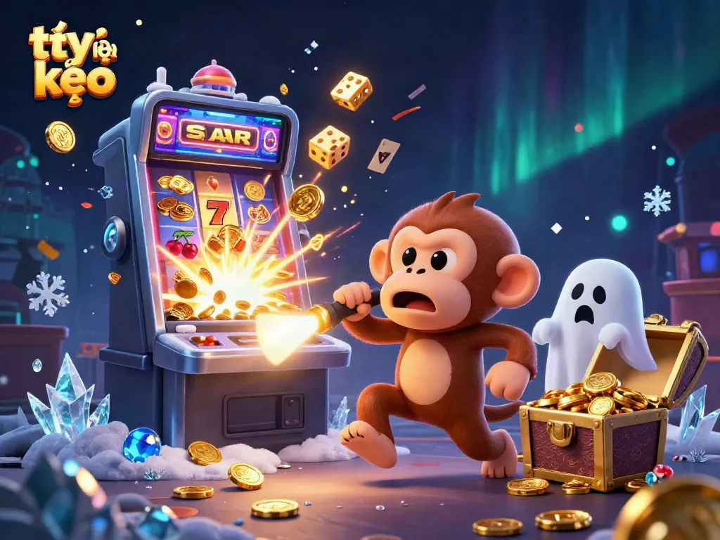 Engage with tỷ lệ kèo in this dynamic scene of a mischievous poltergeist monkey and ghost-hunter puppy in a vibrant casino.